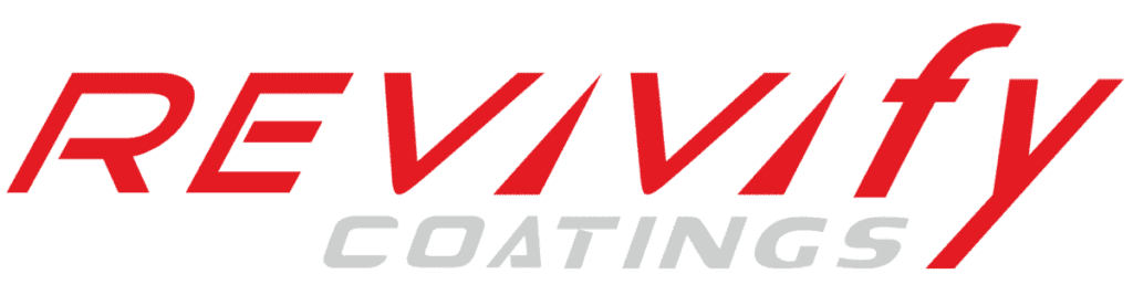 The image shows the logo for Revivify Coatings. The word "REVIVIFY" is written in bold, italicized red font, while "COATINGS" is written below it in a smaller white font. The design is clean with a modern look.