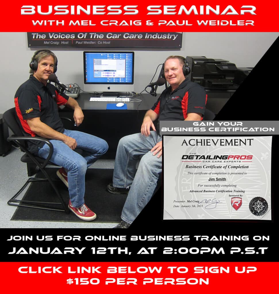 Two men are sitting on chairs in front of a computer at a business seminar. They are wearing branded shirts for the event. The text promotes an online business training class on January 12th at 2:00 PM PST, costing $150 per person. A certificate of achievement is also shown.