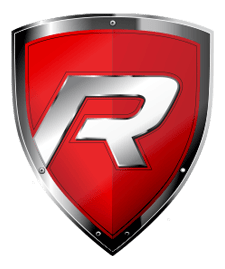 A stylized shield emblem with a silver outline and a red background. Inside the shield, there is a large, metallic, silver letter "R" with a futuristic design that feels right at home in any modern setting.