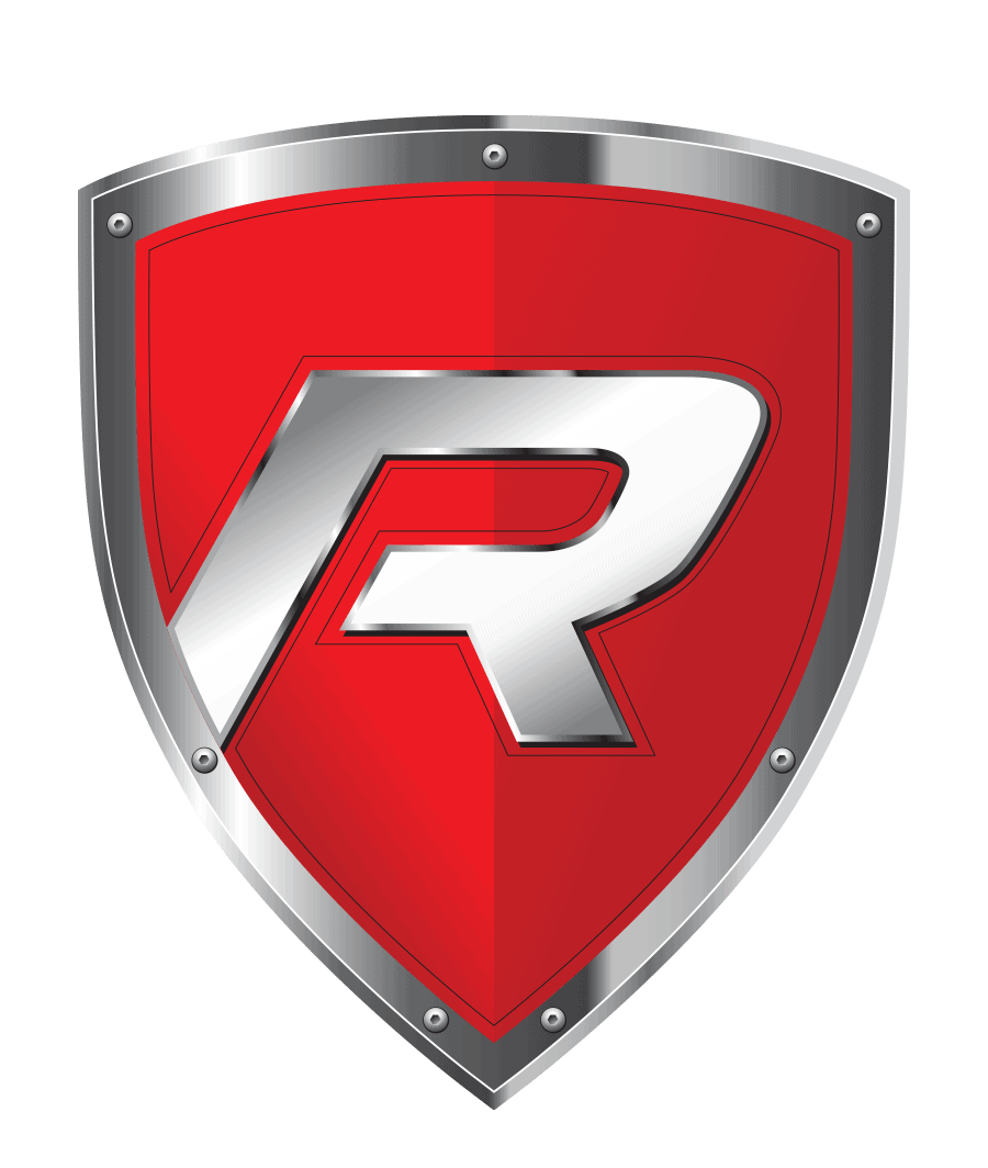 A red and silver shield emblem with a prominent, metallic letter 