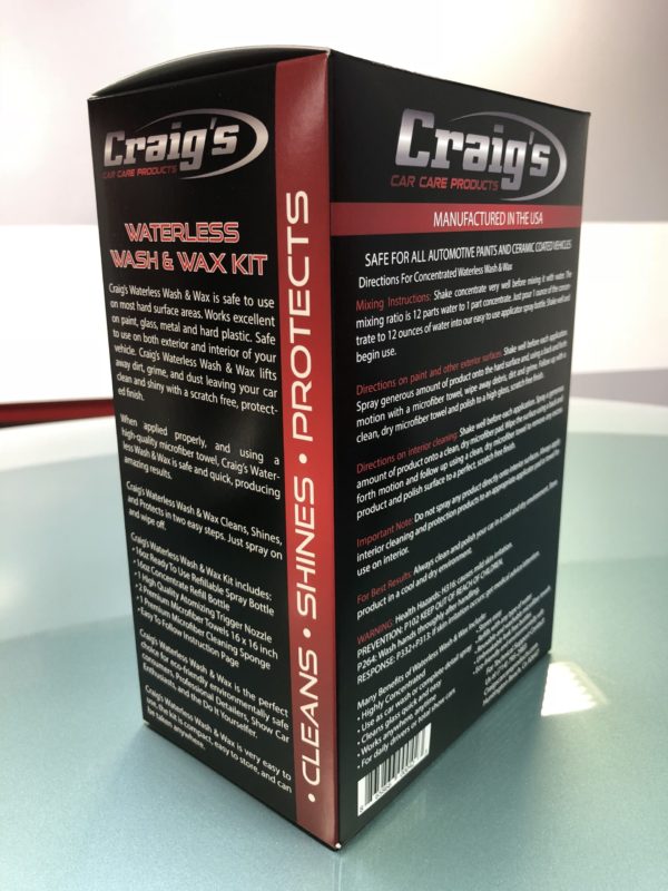 A box of Craig’s Waterless Wash & Wax Alternative for Drought sits on the table. The predominantly black and red packaging highlights product benefits and usage instructions, prominently featuring the phrases "CLEANS," "SHINES," and "PROTECTS." As an effective wax alternative ideal for drought conditions, this product is proudly made in the USA.