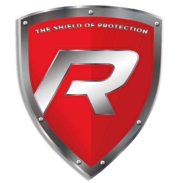 A red and silver shield logo with a bold "R" in the center. The top of the shield reads "THE SHIELD OF PROTECTION." The Die-cut Decal - Shield of Protection features a metallic border with rivet details around the edges.