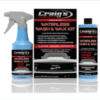 Photograph of a car care product set labeled "Craig's Waterless Wash & Wax Alternative for Drought." The set features a spray bottle and a concentrated refill bottle of the cleaning solution. Ideal for water scarcity, the packaging emphasizes its functions: cleans, shines, and protects without requiring water.