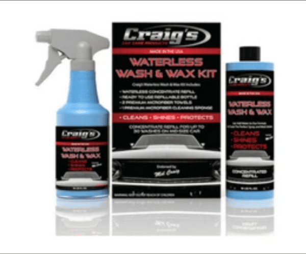 Photograph of a car care product set labeled "Craig's Waterless Wash & Wax Alternative for Drought." The set features a spray bottle and a concentrated refill bottle of the cleaning solution. Ideal for water scarcity, the packaging emphasizes its functions: cleans, shines, and protects without requiring water.