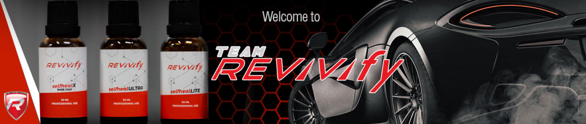 A promotional banner showcasing a sleek sports car on the right and three small bottles of REVIVIfy car care products on the left. Text in the center reads "Welcome to TEAM REVIVIfy" with a honeycomb pattern in the background, presenting an archive of top-tier products that elevate your vehicle's look.