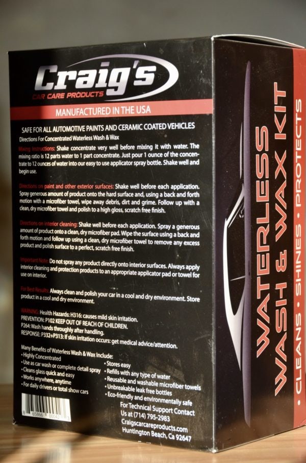 A black and red box labeled "Craig's Waterless Wash & Wax Alternative for Drought" provides product details and instructions for use. It states that the product is safe for all automotive paints and ceramic-coated vehicles, making it an ideal wax alternative during drought conditions.