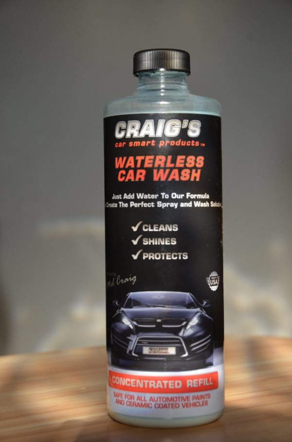 The 16oz Refill Bottle of Craig’s Waterless Wash & Wax is shown. The bottle features a black label with a picture of a car and text stating the product cleans, shines, and protects. It is concentrated for refills and is safe for all automotive paints and ceramic-coated vehicles.