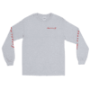 Introducing the Long Sleeve T-Shirt, featuring a grey design with bold red "REVvvify" text printed on the left chest and along both sleeves. The background is beautifully highlighted in pink.