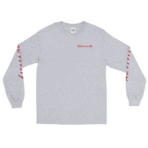 Introducing the Long Sleeve T-Shirt, featuring a grey design with bold red "REVvvify" text printed on the left chest and along both sleeves. The background is beautifully highlighted in pink.