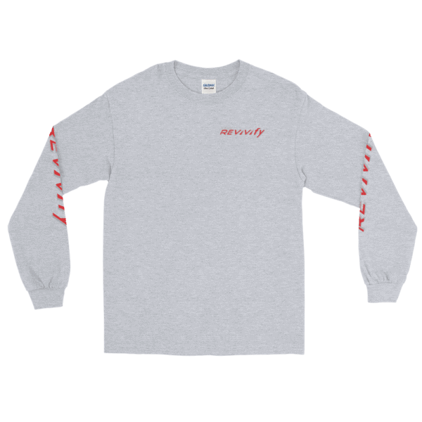 Introducing the Long Sleeve T-Shirt, featuring a grey design with bold red "REVvvify" text printed on the left chest and along both sleeves. The background is beautifully highlighted in pink.