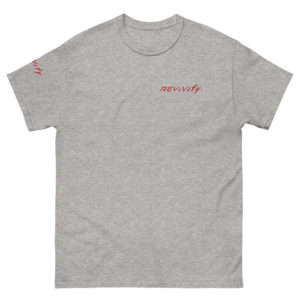 The Short Sleeve T-Shirt is gray and displays a small red "REVVify" logo on the upper left chest area. The right sleeve also features the same red "REVVify" logo. The shirt is plain with no additional designs or patterns.