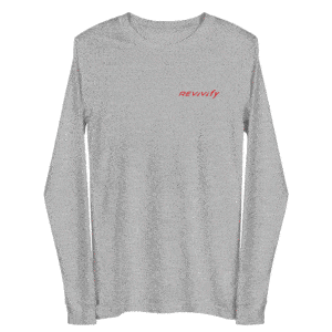 The Women's Long Sleeve T-Shirt in heather gray features the text "REVvify" in red on the left chest area. It boasts a simple, clean design with a crew neck.