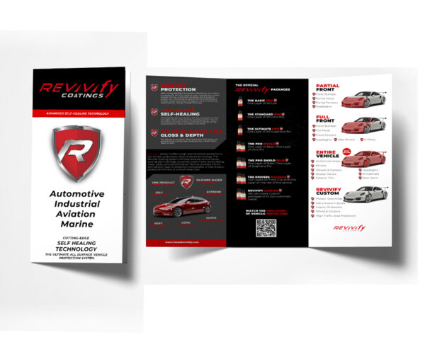 A trifold Team REVIVIfy Brochure, showcasing branding, automotive protection details, and service packages. The cover displays the logo alongside the text "Automotive Industrial Aviation Marine." Inside, it highlights benefits and various vehicle coating packages with illustrations in a team brochure format.