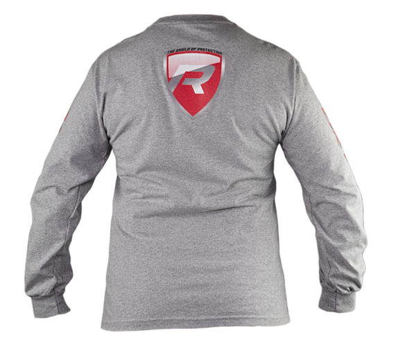 Back view of the Long Sleeve T-Shirt in grey, showcasing a red and white shield emblem with the letter "R" centered on the upper back, and featuring red and white details on the sleeves.