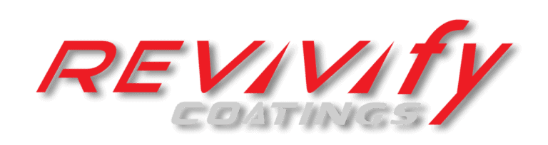 The image shows the logo for Revivify Coatings. The word "REVIVIfy" is in bold, italicized red letters, with "COATINGS" in smaller, bold white letters underneath. The black background gives it a sleek, professional look, perfect for your home improvement needs.