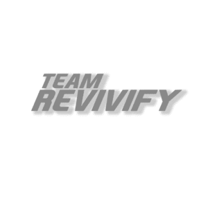 Featuring a gray logo with the words "TEAM REVIVIFY" in bold, uppercase letters, slightly slanted to the right. The word "TEAM" appears smaller and is positioned above "REVIVIFY." The white background creates a sleek appearance, making it an ideal choice for the Team Revivify Die Cut Sticker.