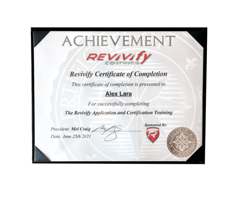 An achievement certificate with a black border and white background. It features "REVIVIfy Coatings" and is labeled as a "Revivify Certificate of Completion" awarded to "Alex Lara" on June 25th, 2021, for completing "The Revivify Application and Certification Training.