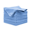 A neatly stacked pile of light blue microfiber cleaning cloths, with one cloth draped on top. The stack is set against a white background.