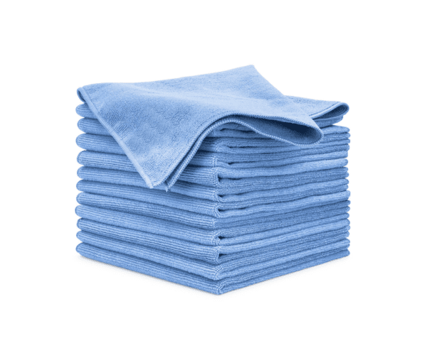 A neatly stacked pile of light blue microfiber cleaning cloths, with one cloth draped on top. The stack is set against a white background.