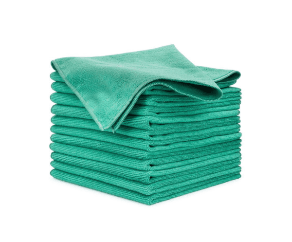 A neatly stacked pile of ten green microfiber cleaning cloths, with one cloth partially unfolded and draped on top. The cloths have a soft, textured surface suitable for dusting, cleaning, and polishing.