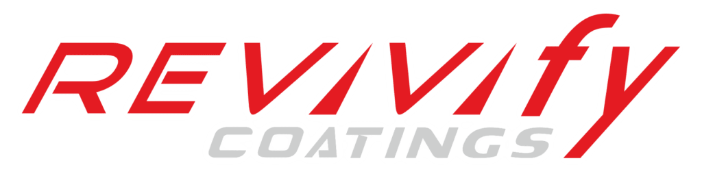 The image is a logo for Revivify Coatings. The word "REVIVIFY" is written in bold red uppercase letters with a futuristic design, while "COATINGS" is in gray uppercase letters beneath it. Both words have a white outline.