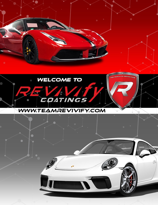 A promotional image for Revivify Coatings featuring a red luxury sports car at the top and a white luxury sports car at the bottom. The center showcases digital assets including the text "Welcome to Revivify Coatings" with a shield logo and the website www.teamrevivify.com.