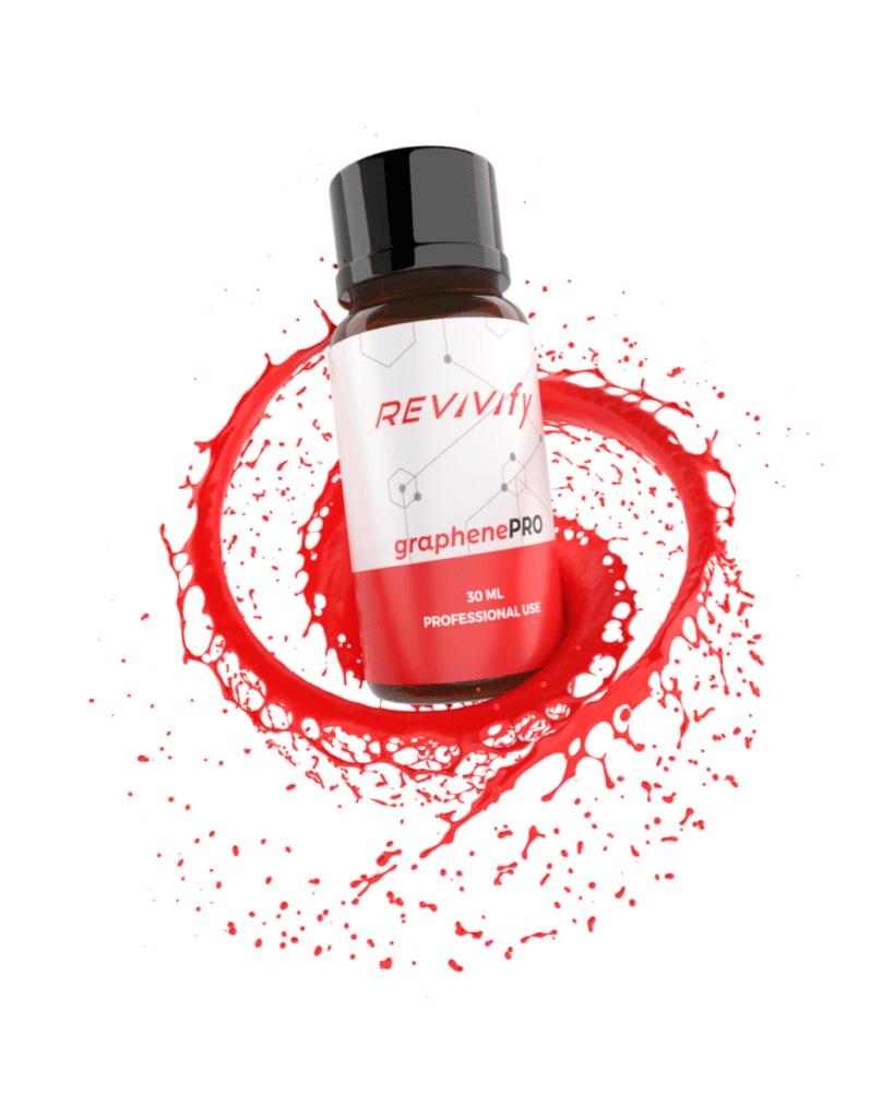 A small bottle labeled "REVIVify graphenePRO 30 ML PROFESSIONAL USE" is displayed against a white background. Red liquid surrounds the bottle in a splash pattern, suggesting a dynamic or action-filled theme.