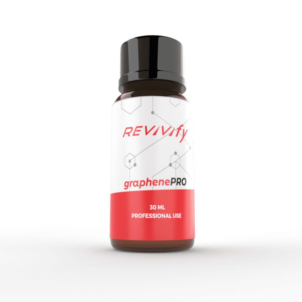 A bottle of Revivify GraphenePro is displayed against a white background, ideal for home use. The brown bottle with a black cap features a white, red, and grey label that reads "GraphenePro, 30 ml, Professional Use," emphasizing the advanced nature of this innovative product.