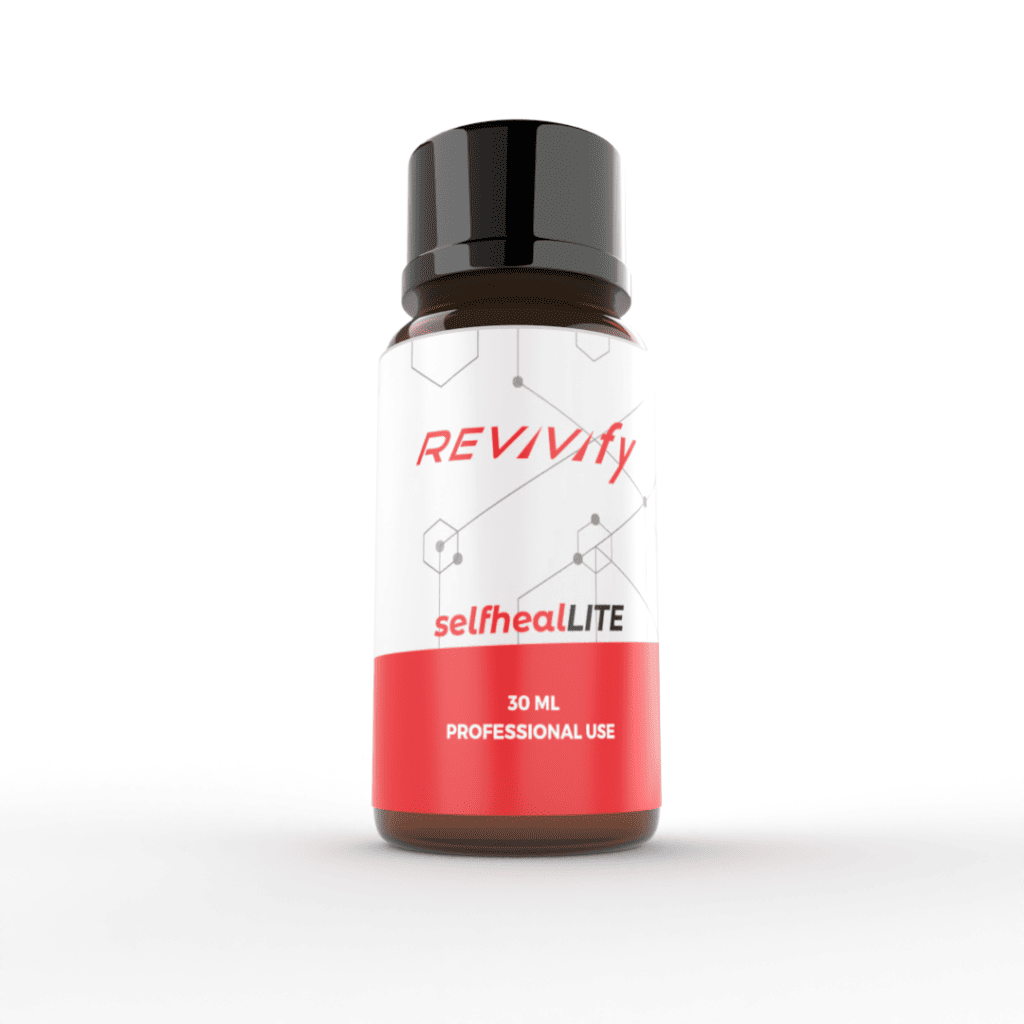 A small 30 mL bottle labeled "REVIVify" and "selfhealLITE" with "Professional Use" printed underneath. The bottle, featured prominently on our homepage, has a red and white label with a black cap, and a clean, minimalist design.