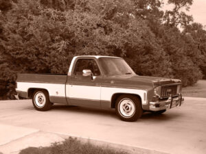 A sepia-toned image of a vintage pickup truck parked on a concrete surface exudes a sense of nostalgia. The truck, with its two-tone color scheme—lighter on the bottom and darker on top—seems to belong in an old home movie. Tall trees and dense foliage form the picturesque background.