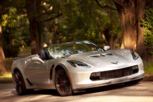 A sleek, silver convertible sports car is parked on a tree-lined street. The car features black rims, a front grille, and a sporty, low-profile design. Sunlight filters through the trees, casting dappled shadows across this picturesque scene—perfect for any homepage.