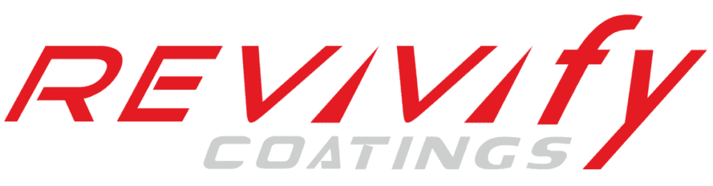 The image is the logo for Revivify Coatings. The word "REVIVify" is written in bold red letters, slightly slanted to the right, with the word "COATINGS" in smaller white letters beneath it. The font style is modern and sleek.