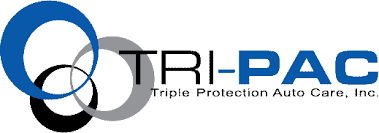 Logo of TRI-PAC, Triple Protection Auto Care, Inc. It features three interlocking circles in black, grey, and blue on the left, with the company name to the right. "TRI" is in black and "PAC" is in blue. The tagline "Triple Protection Auto Care, Inc." is beneath the name emphasizing their comprehensive warranty offerings.