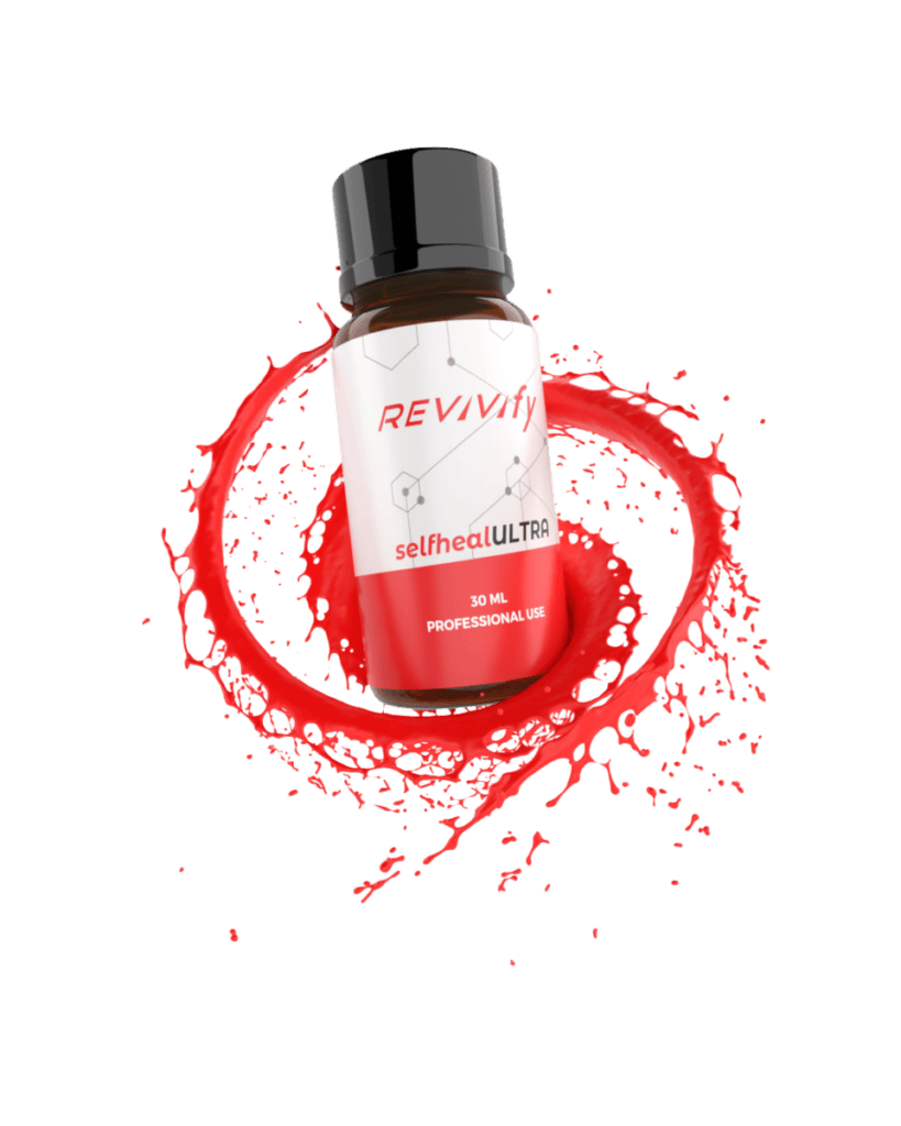 A small 30 ml bottle labeled "REVIVify selfheal ULTRA" is set against a vibrant splash of red liquid, creating a dynamic and eye-catching background. The bottle has a black cap and is intended for professional use.