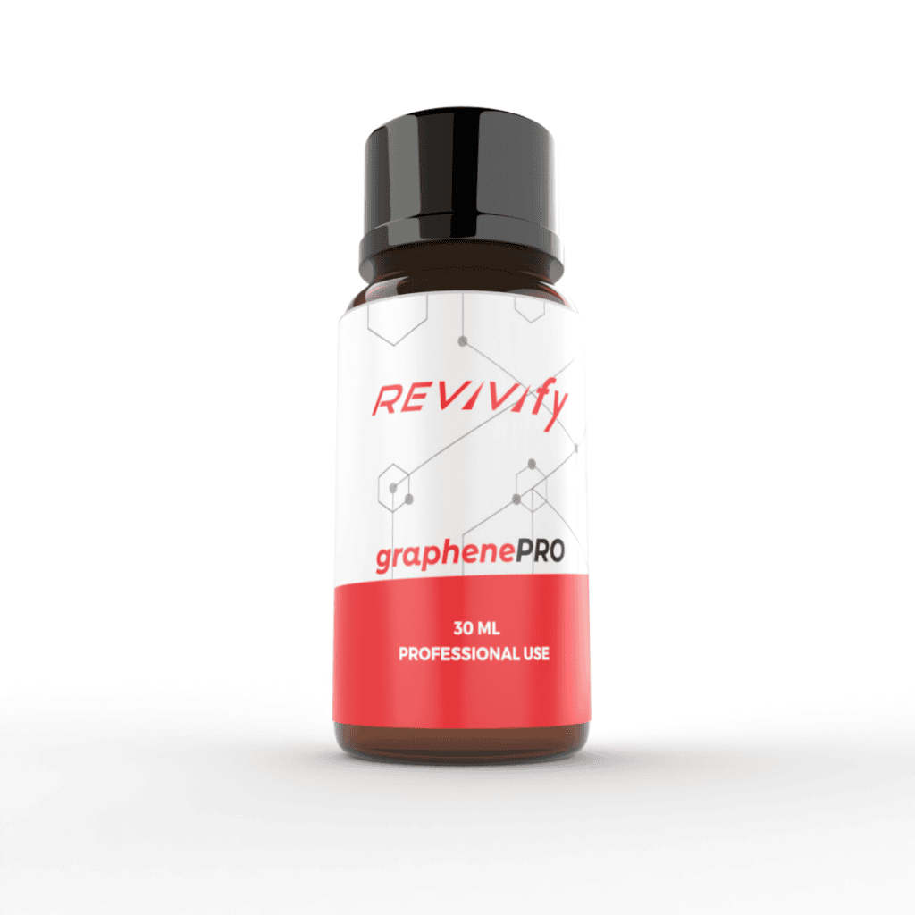 A small bottle labeled "REVVify GraphenePRO" with a black cap. The label, featuring a hexagonal pattern, bears the text "30 ML PROFESSIONAL USE" at the bottom. The lower portion of the label is red with white text, showcasing the premium quality of Revivify Coatings.