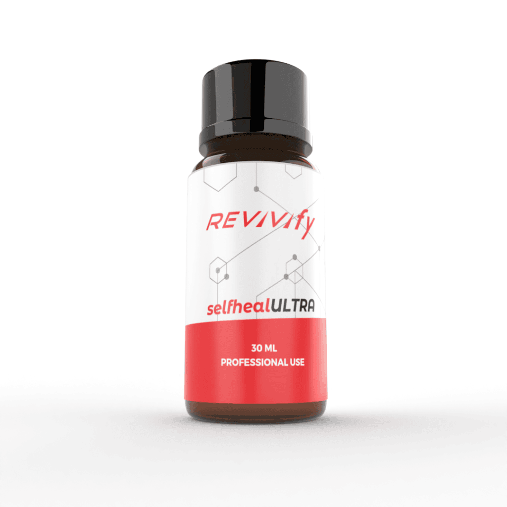 A small 30ml bottle labeled "REVIVify selfhealULTRA" with a sleek white and red design from Revivify Coatings. The text indicates it is for professional use. The bottle features a black cap and is positioned against a plain white background, exuding simplicity and elegance.