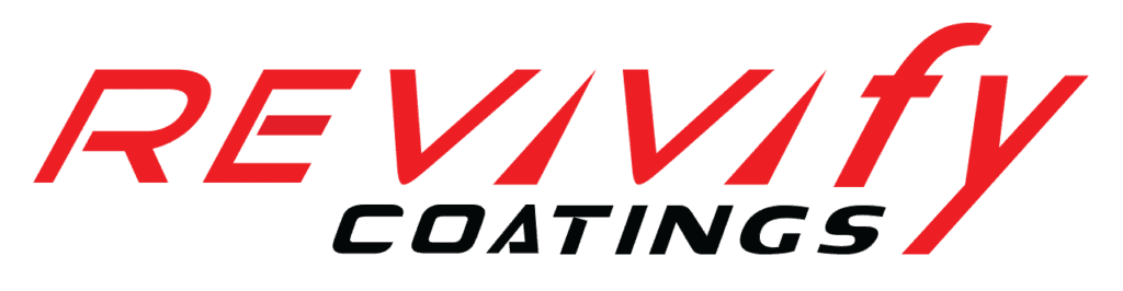 The image showcases "REVIVIfy COATINGS" in a stylized font against a vibrant red background. The "REVIVI" part of "REVIVIfy" is highlighted in red, while the "fy" and the word "COATINGS," positioned below it, are in black.